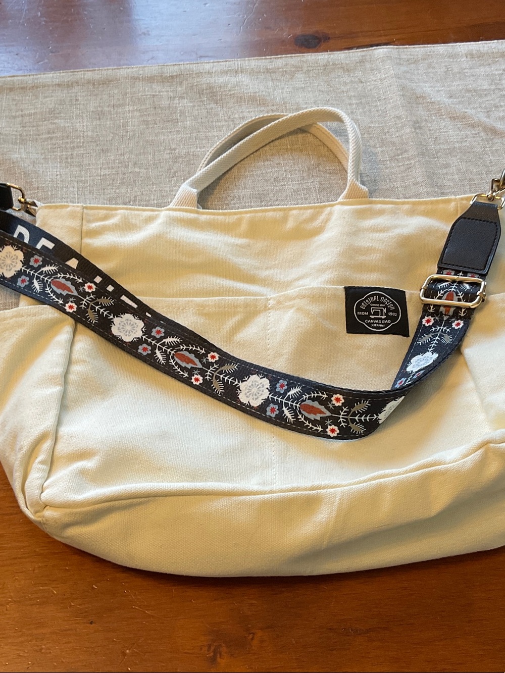 Canvas Tote Bag with Embroidered  Look Strap - Cream